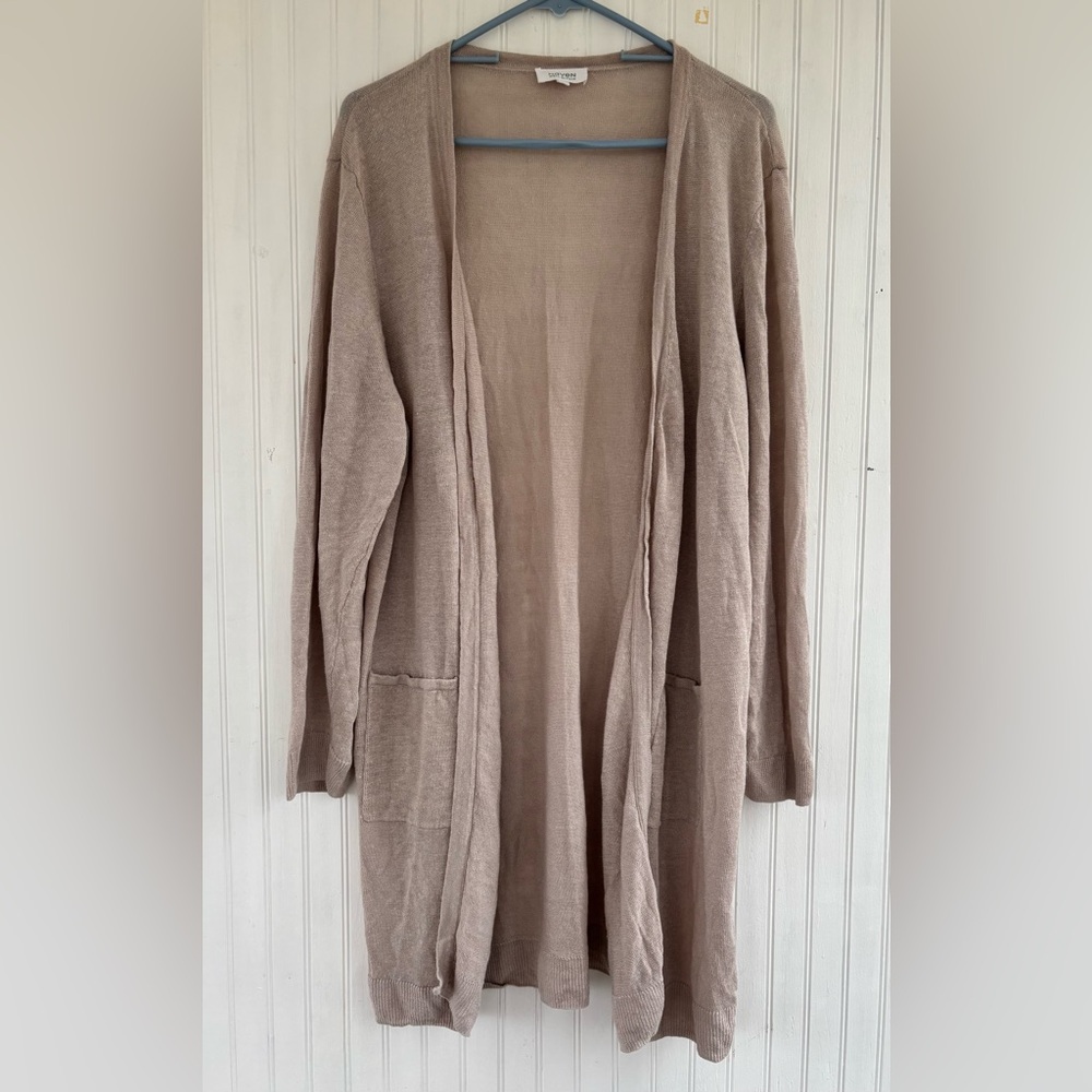 Haven Well Within Women's Tan 100% LINEN Open Front Long Lined Cardigan Size XXL